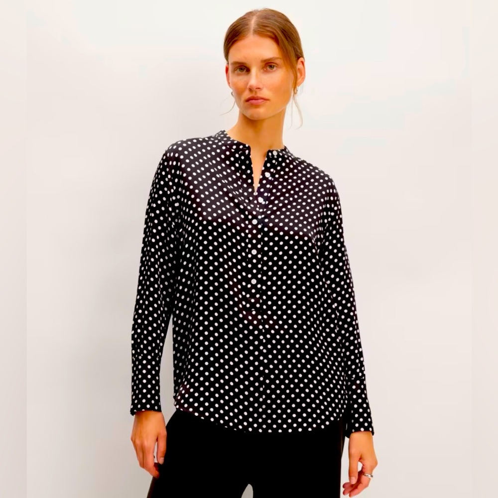 NWT! EVERLANE The Hammered Satin Popover Shirt- Size 00 -Black/ Bone Polka Dot